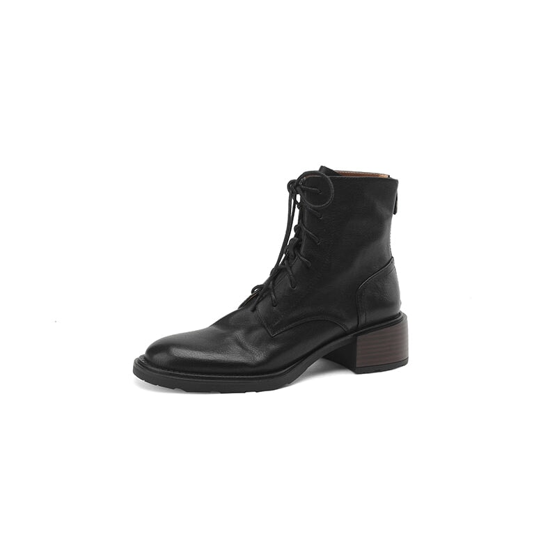Women's Handmade Cowhide Lace-Up Zipper Martin Boots with Mid Heel Black/Brown