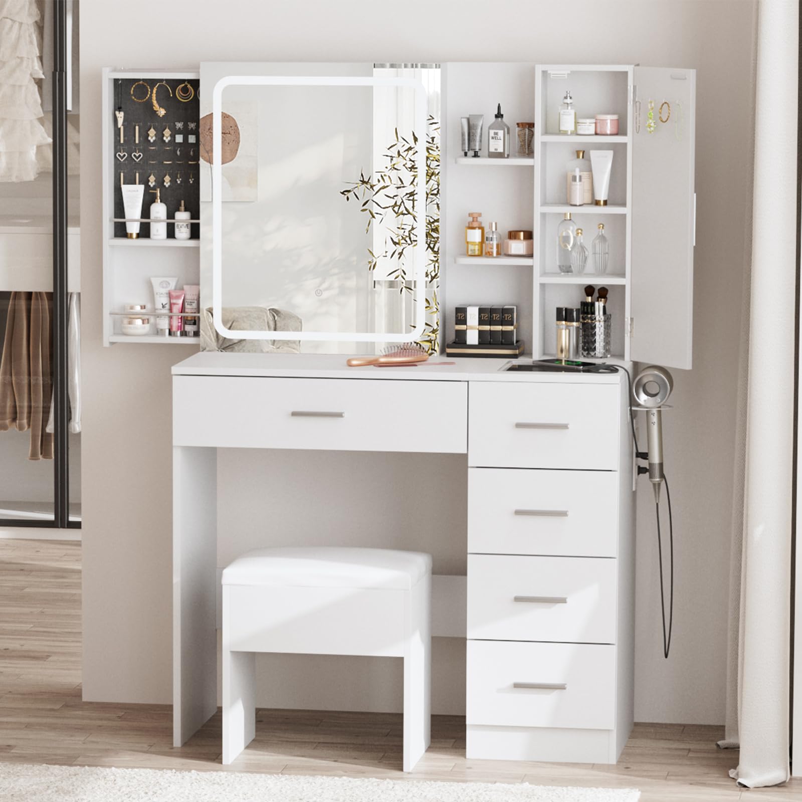 White Vanity Desk with Mirror and Lights Makeup Vanity Table with Power Strip