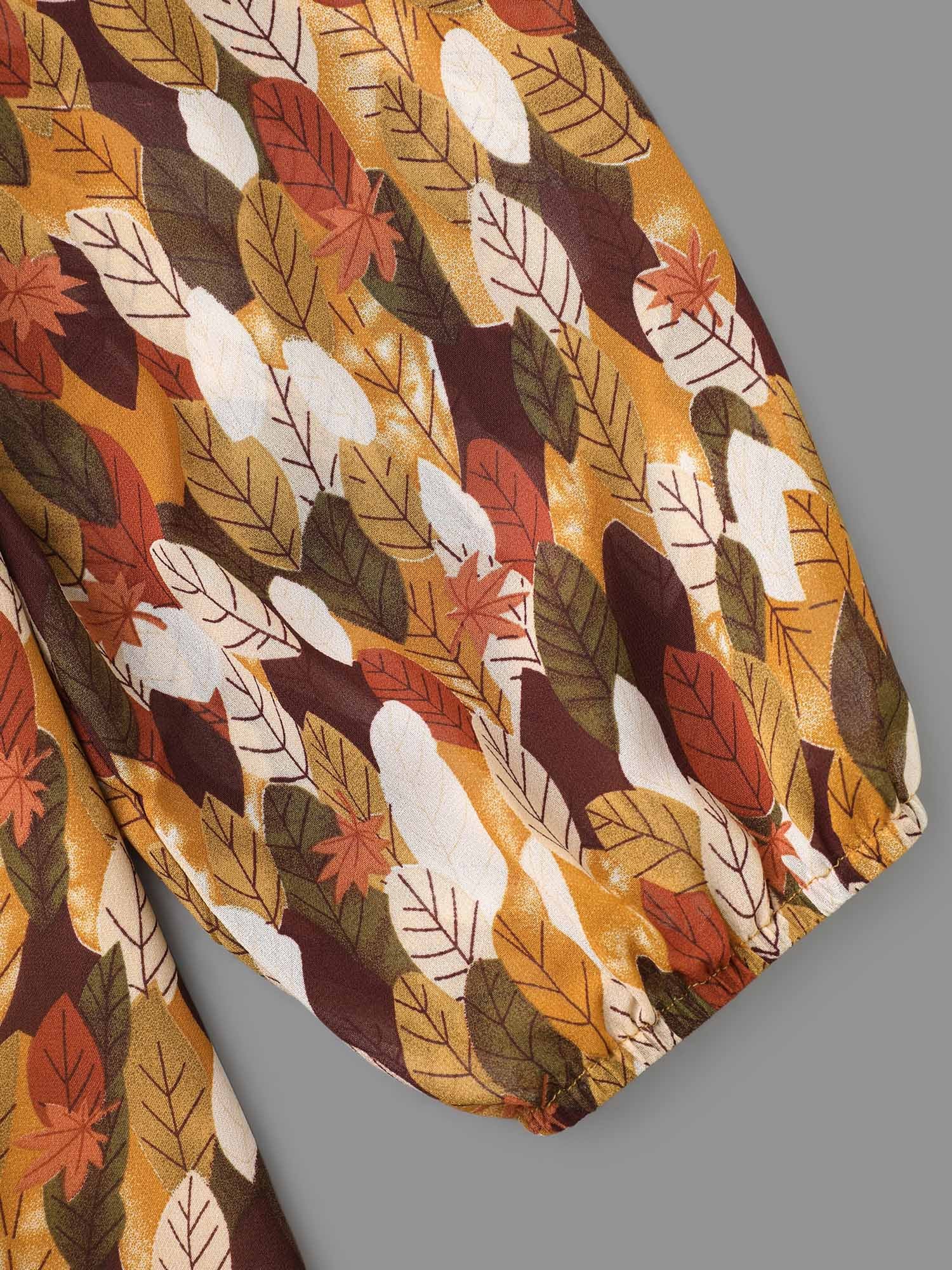 Leaves Print Ruffle Trim Slit Hem Blouse