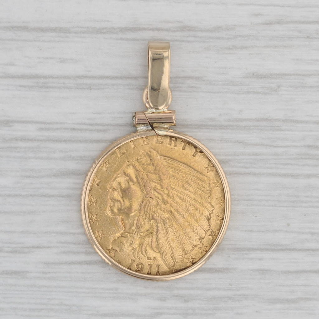 1911 Indian Head $2.5 Gold Coin Pendant 14k 900 American Eagle