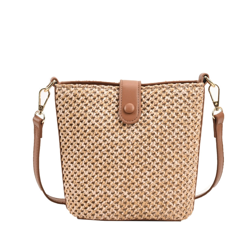 Women's Medium Straw Solid Color Vacation Beach Weave Bucket Lock Clasp Straw Bag