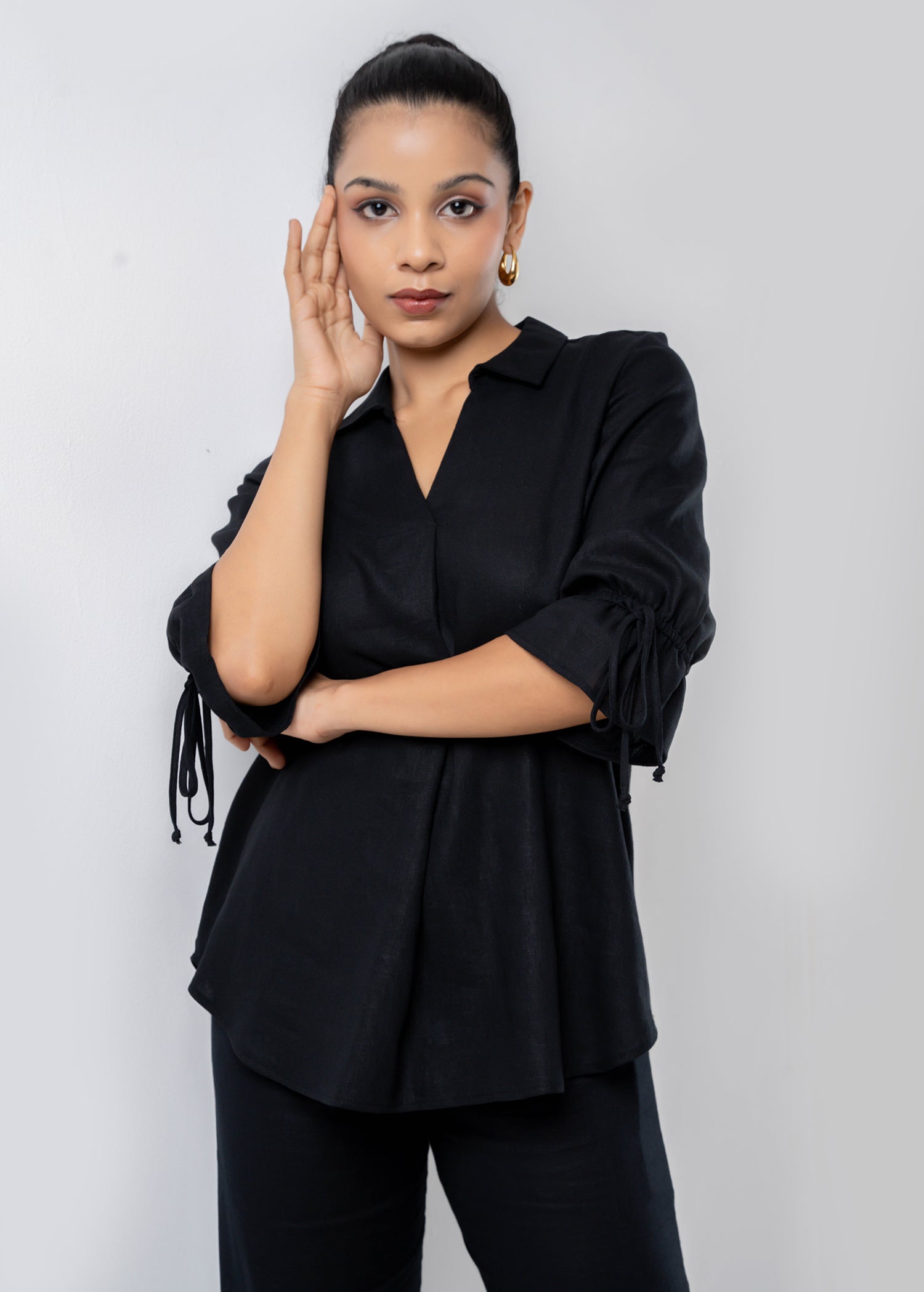 Front Pleated Blouse With Collar And Drawstrings