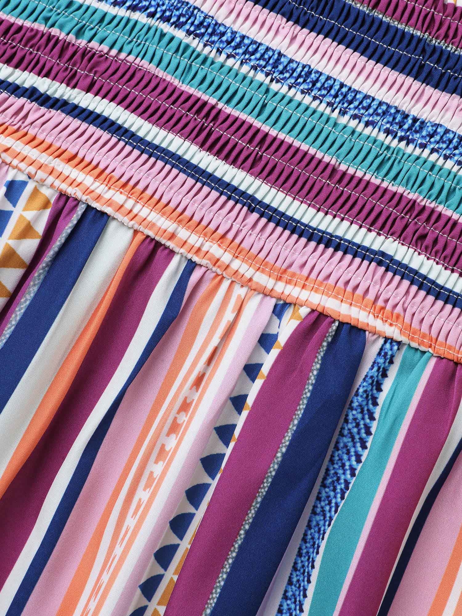 Contrast Striped Shirred Ruffle Hem Dress