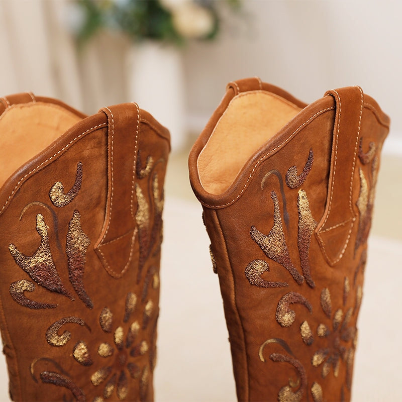Womens Contrast Flowers Carving Western Boots Knee High Leather Cowboy Boots in Black/Coffee