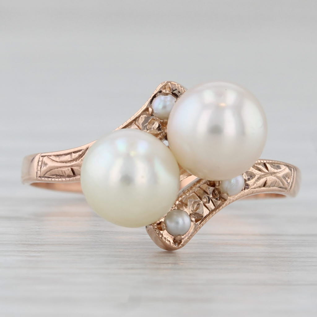 Vintage Cultured Pearl Bypass Ring 10k Rose Gold Size 6.25