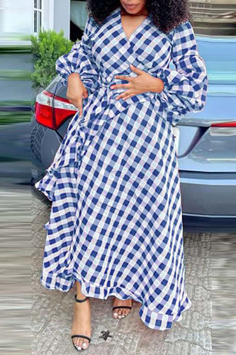 Vintage Lantern Sleeve Plaid Maxi Dresses