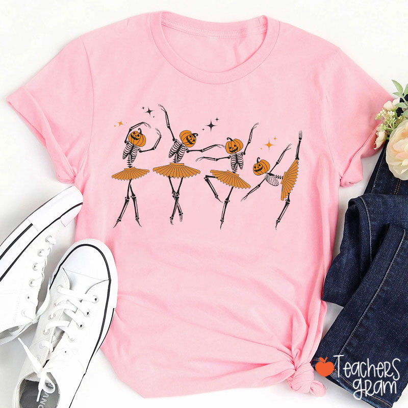 Dancing Pumpkin Skeleton Teacher T-Shirt