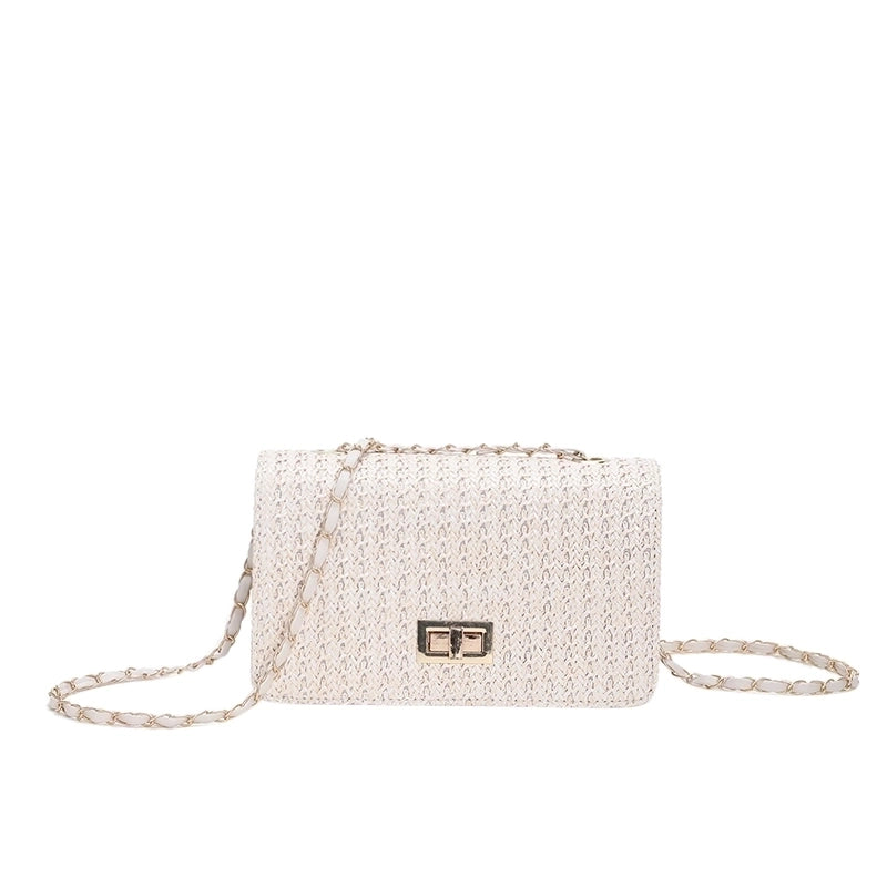 Women's Straw Solid Color Vacation Metal Button Square Lock Clasp Crossbody Bag