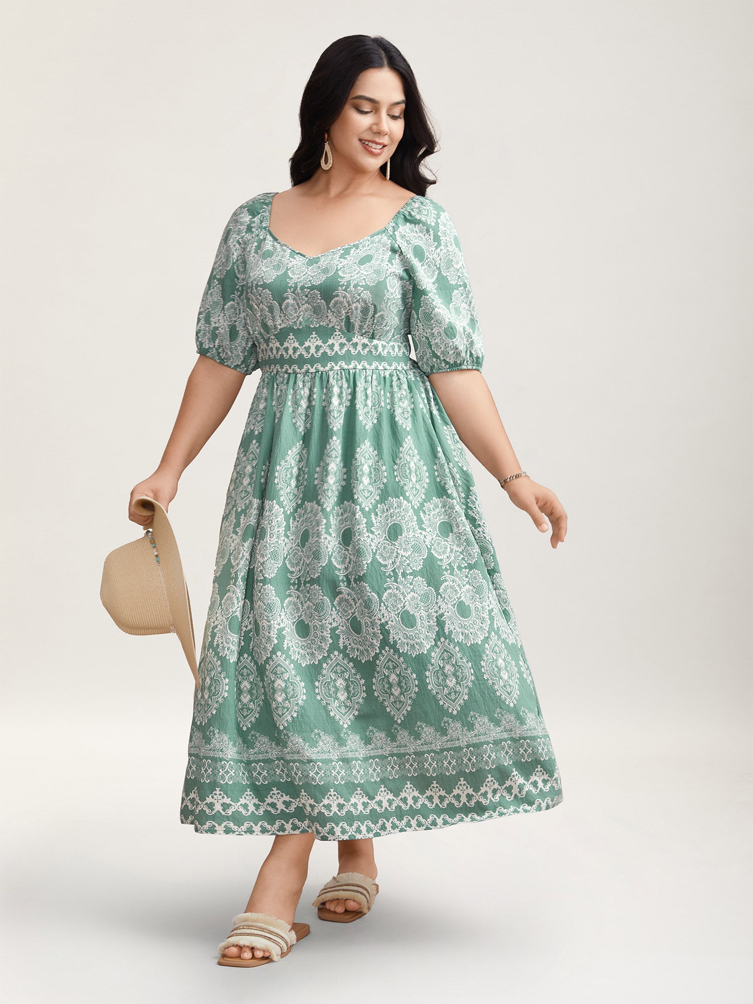 Boho Print Waist Defining Midi Dress
