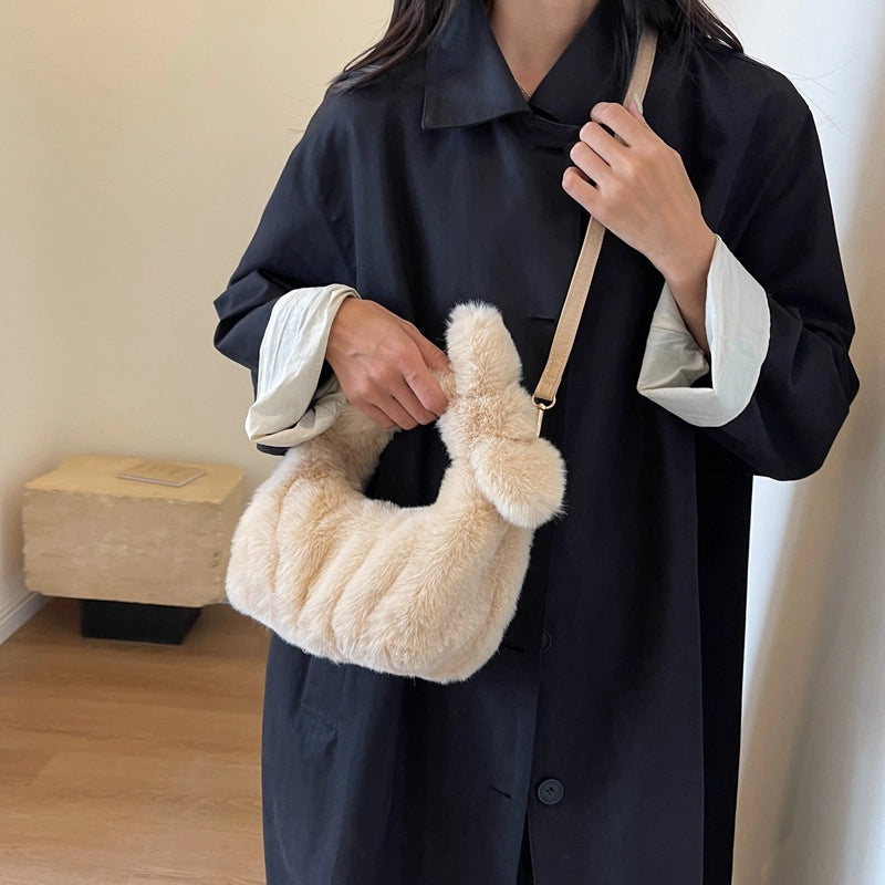 Women's Small Plush Solid Color Elegant Bucket Zipper Shoulder Bag Handbag Crossbody Bag