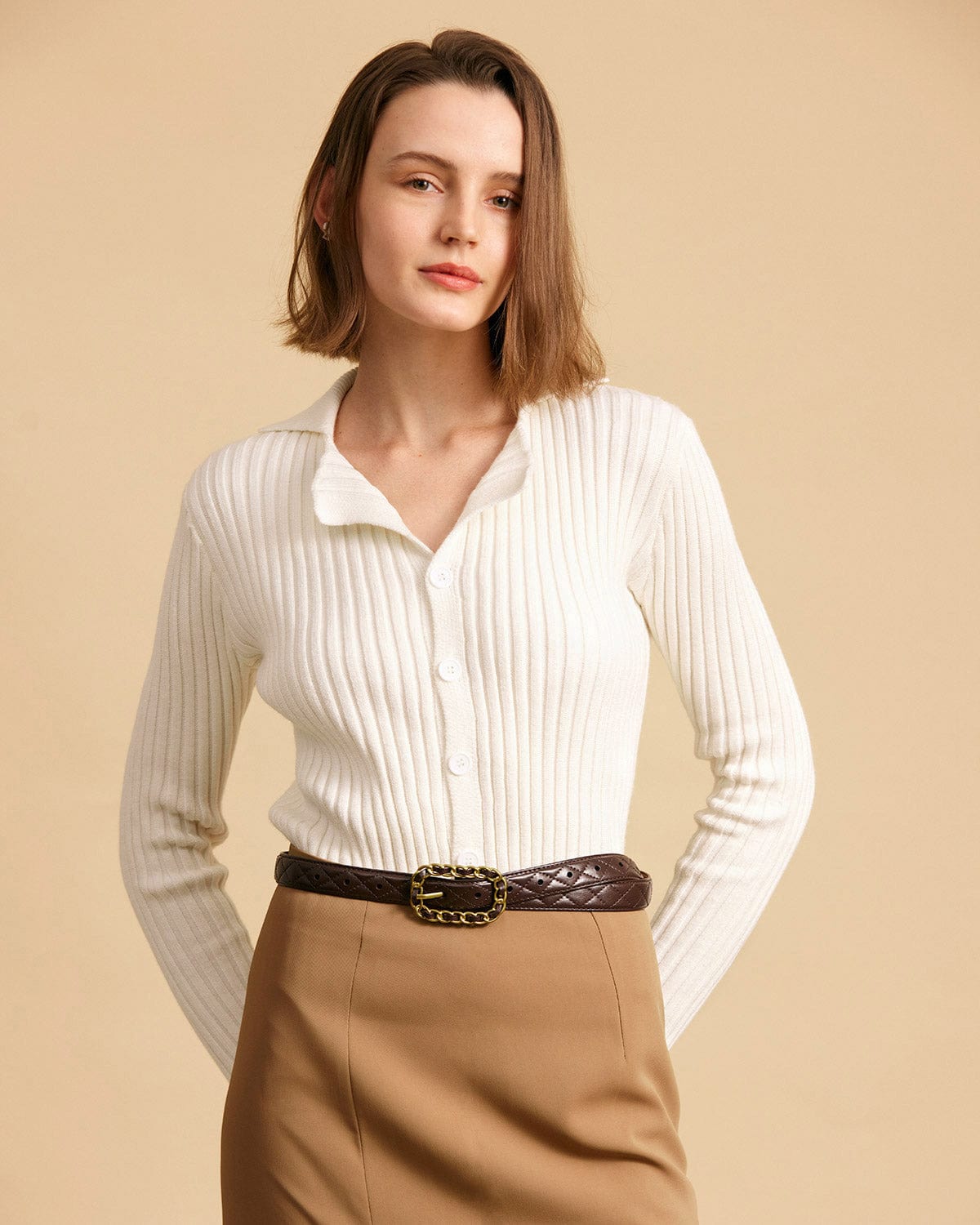 The Solid Collared Ribbed Knit Tops