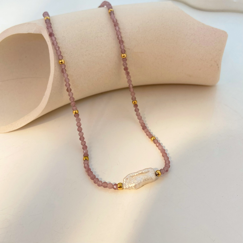 New Cut Natural Stone Long Bar Pearl Pendant Necklace Colorful Beaded Titanium Steel 18k Gold Necklace