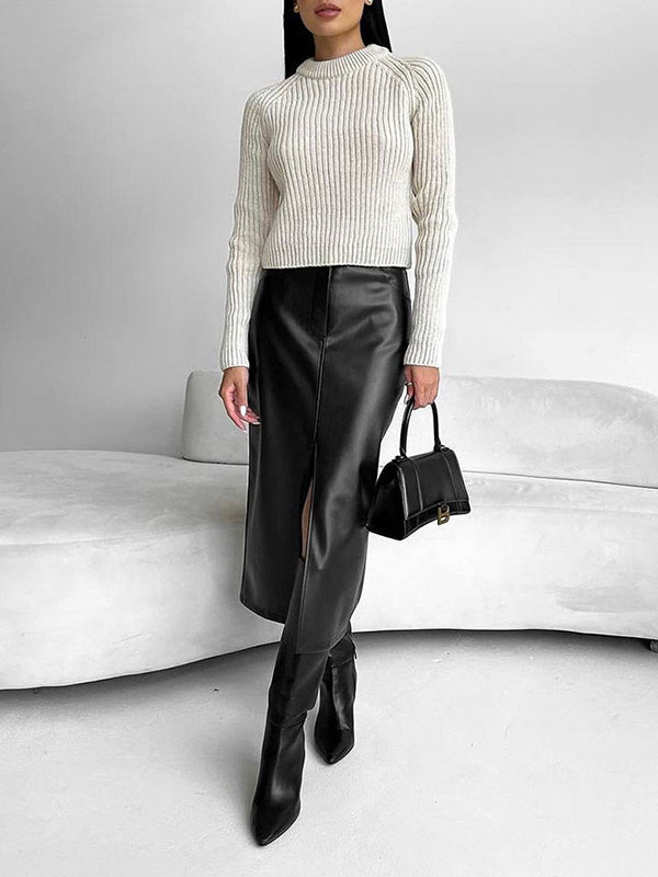 Skinny Wrap Pockets Solid Color Split-Front Zipper Skirts Bottoms