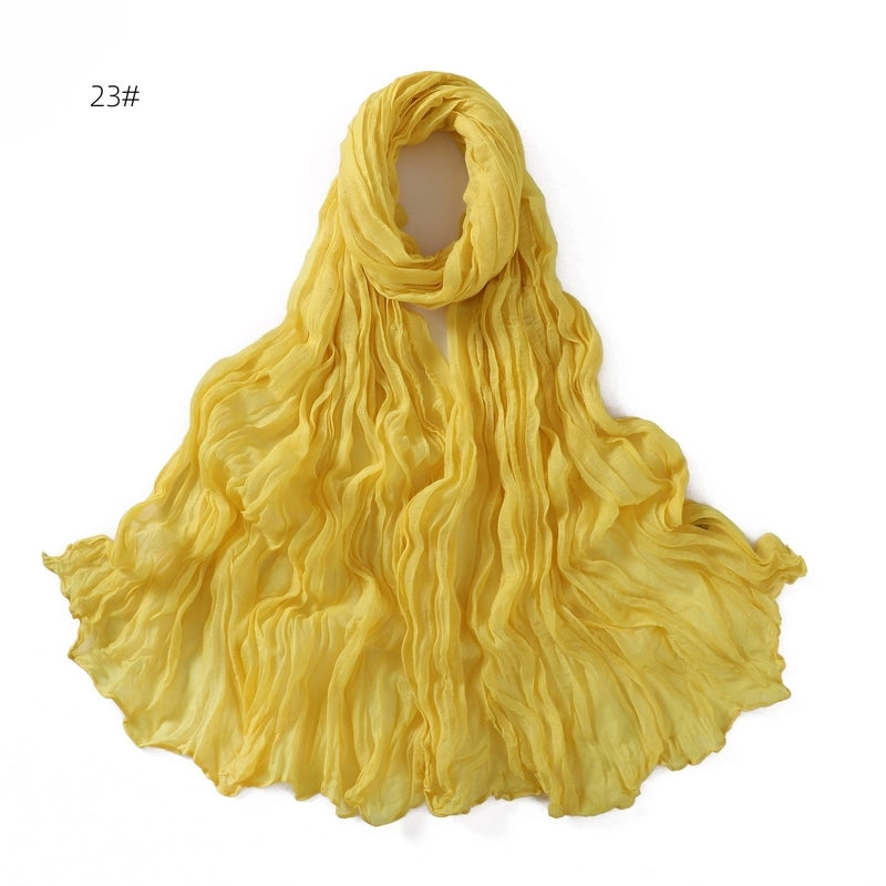 Spring And Autumn Pure Color Silk Yarn Twist Wrinkle Cotton And Linen Breathable Thin Scarf Female Cover Scarf In Stock