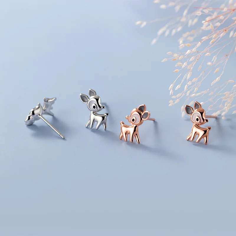 925 Sterling Silver Cute Animal Deer Shape Rose Gold Plated Ear Stud Earrings Jewelry for Women Girls