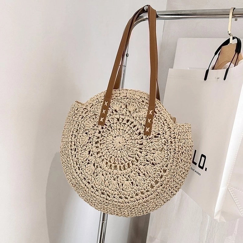 Women's Straw Solid Color Vacation Round Zipper Beach Bag
