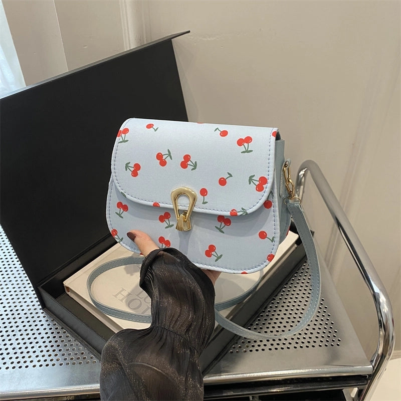 Simple Trendy  Cherry Print Elegant Twist Lock Shoulder Bag Fresh Crossbody Small Square Bag