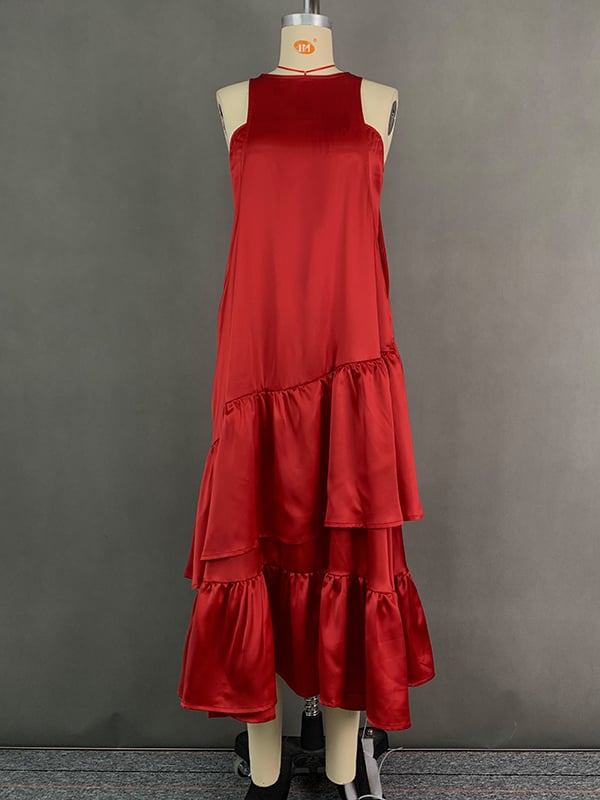A-Line Loose Double Layered Pleated Solid Color Split-Joint Zipper Cold Shoulder Midi Dresses