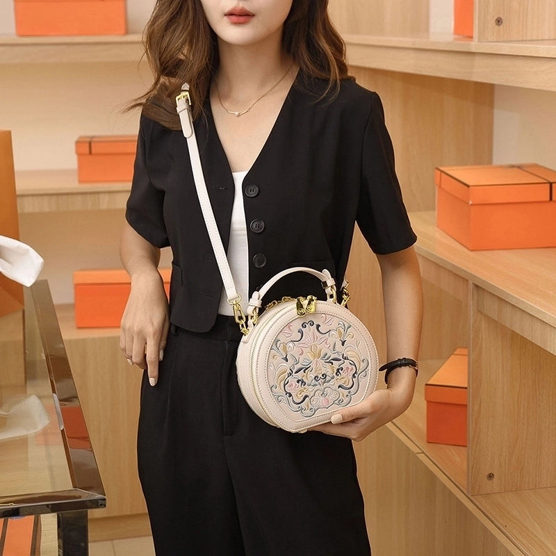 Women's Small Pu Leather Solid Color Ethnic Style Round Zipper Crossbody Bag