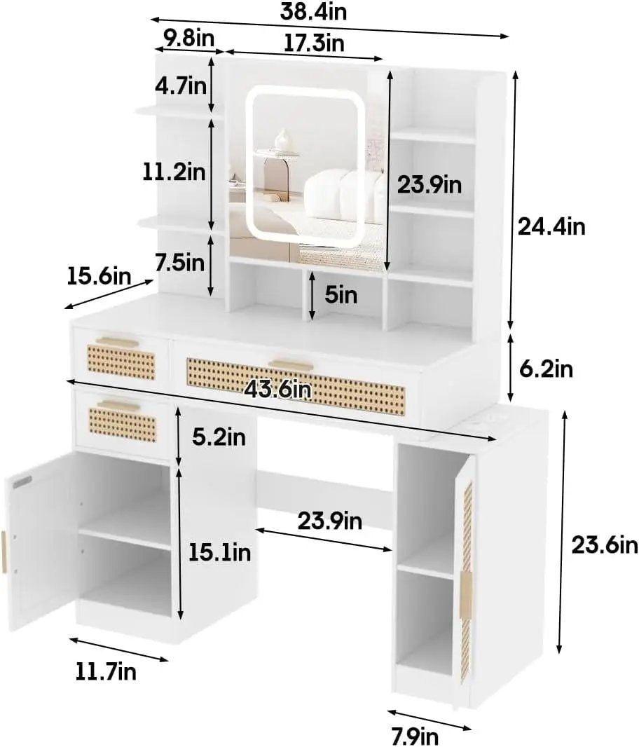 Makeup Vanity with Lights in 3 Colors and Power Outlet 43.6inch Big Vanity Table