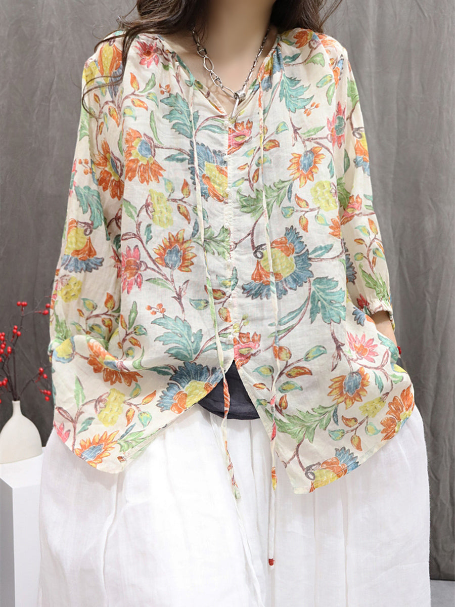 Women Summer Vintage Flower Hooded Ramie Shirt