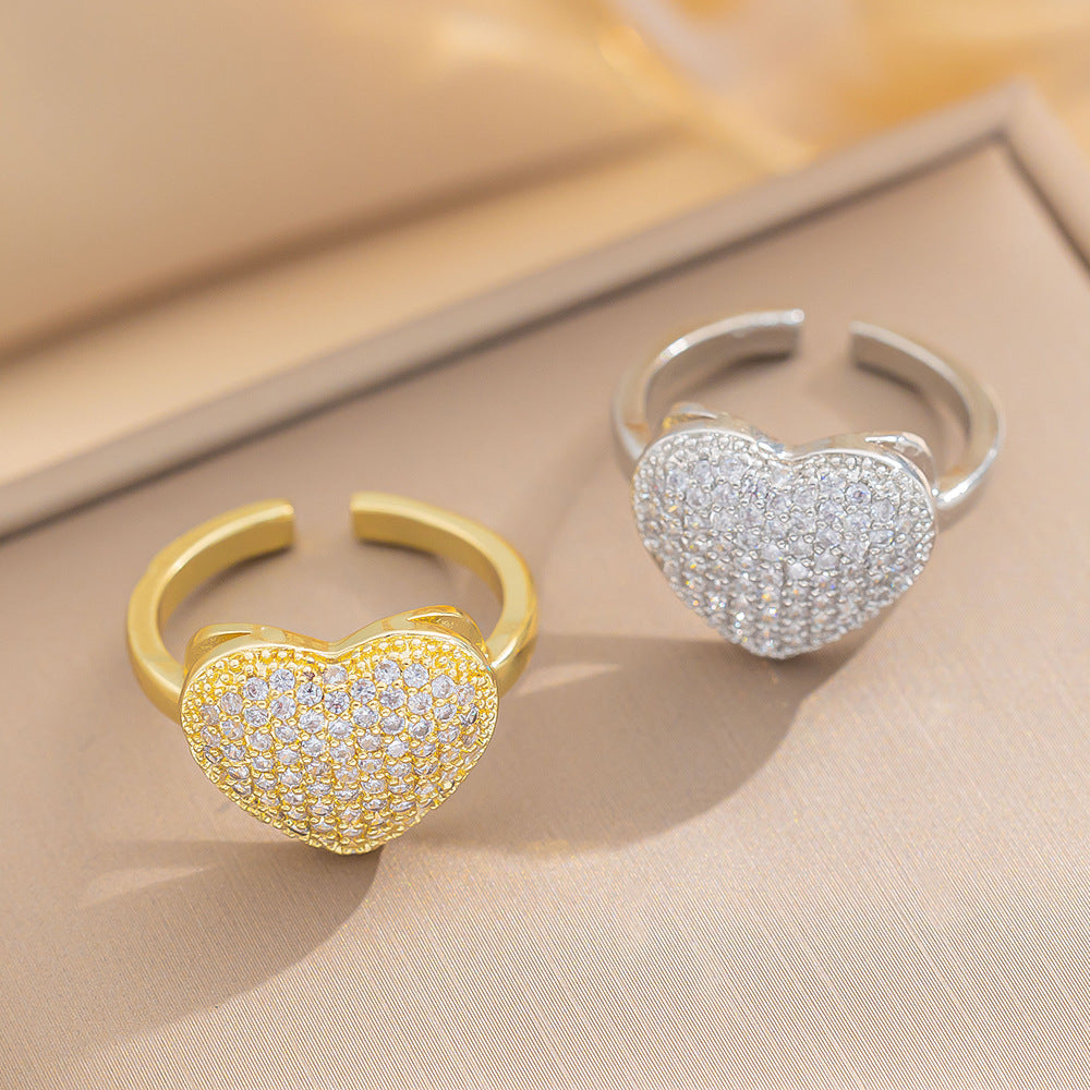 Fashion Zircon Love Ring Female Ins Design Niche High-End Open Ring