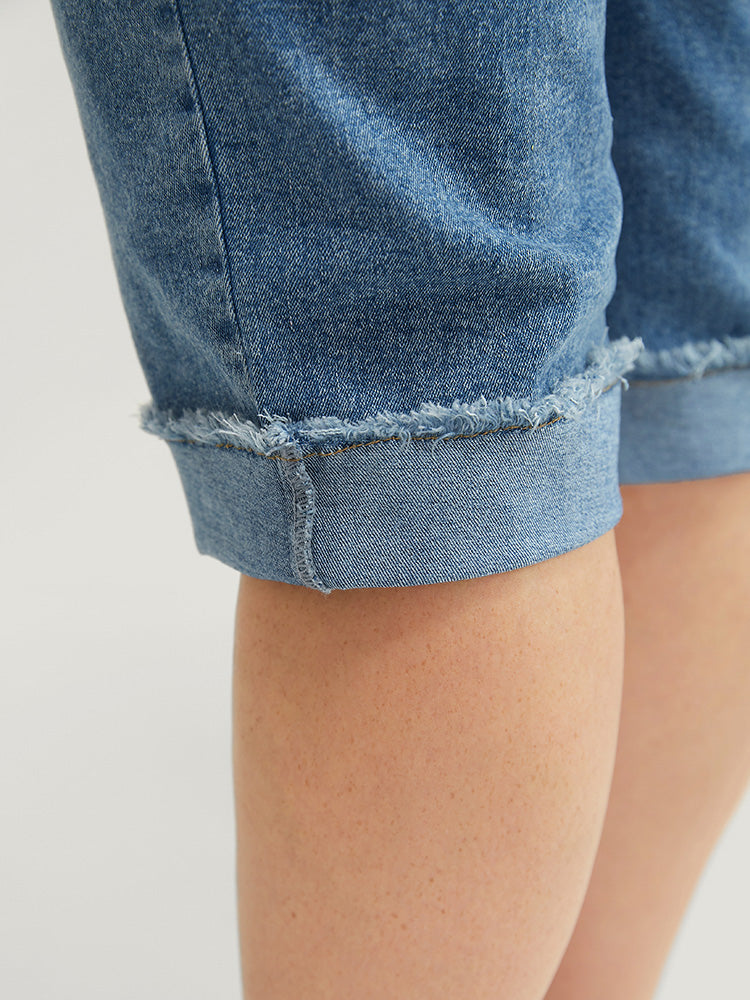 Moderately Stretchy Roll Hem Ripped Knee Denim Shorts