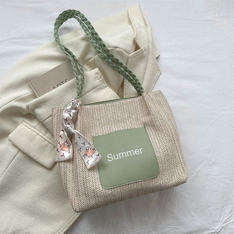 Women's Medium Straw Letter Color Block Vacation Beach Zipper Tote Bag