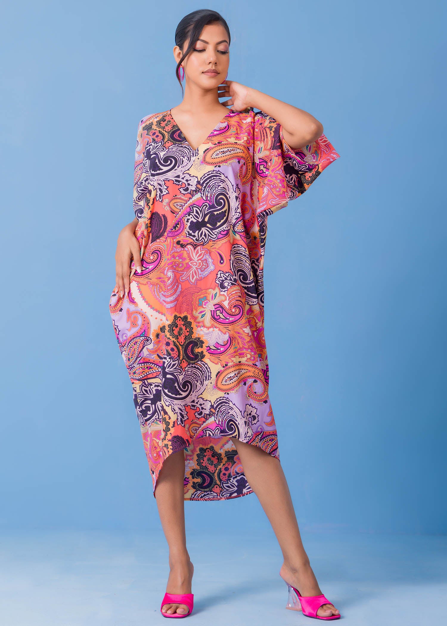 V Printed Neck Kaftan Dress