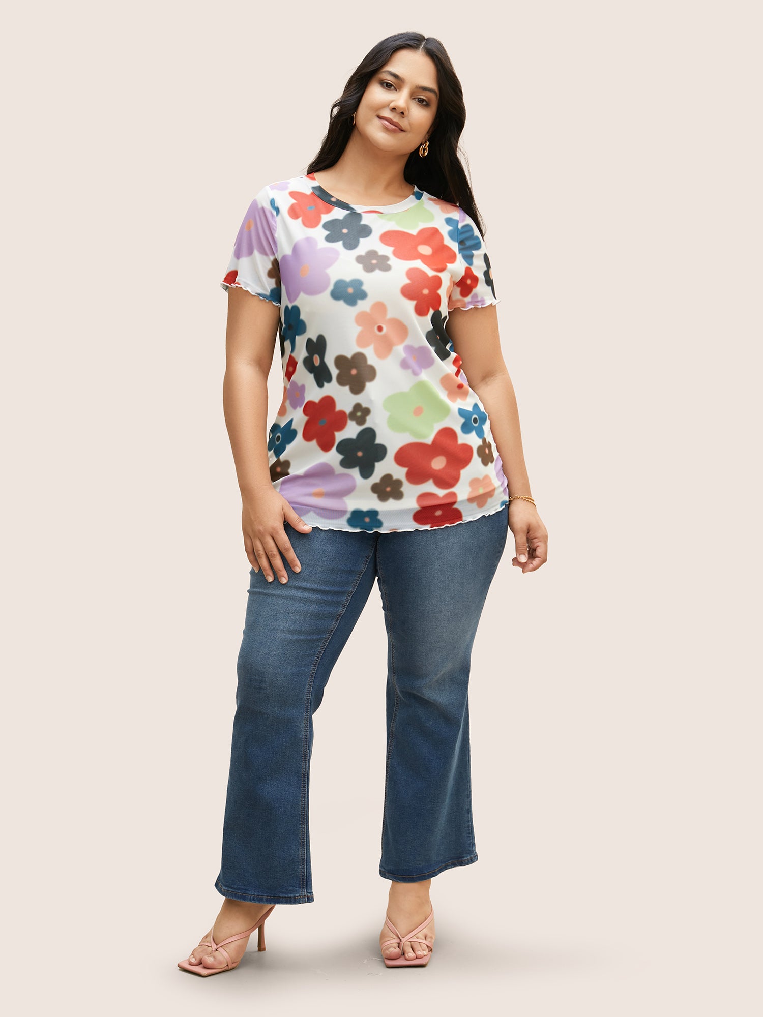 Round Neck Colored Floral Mesh T-shirt