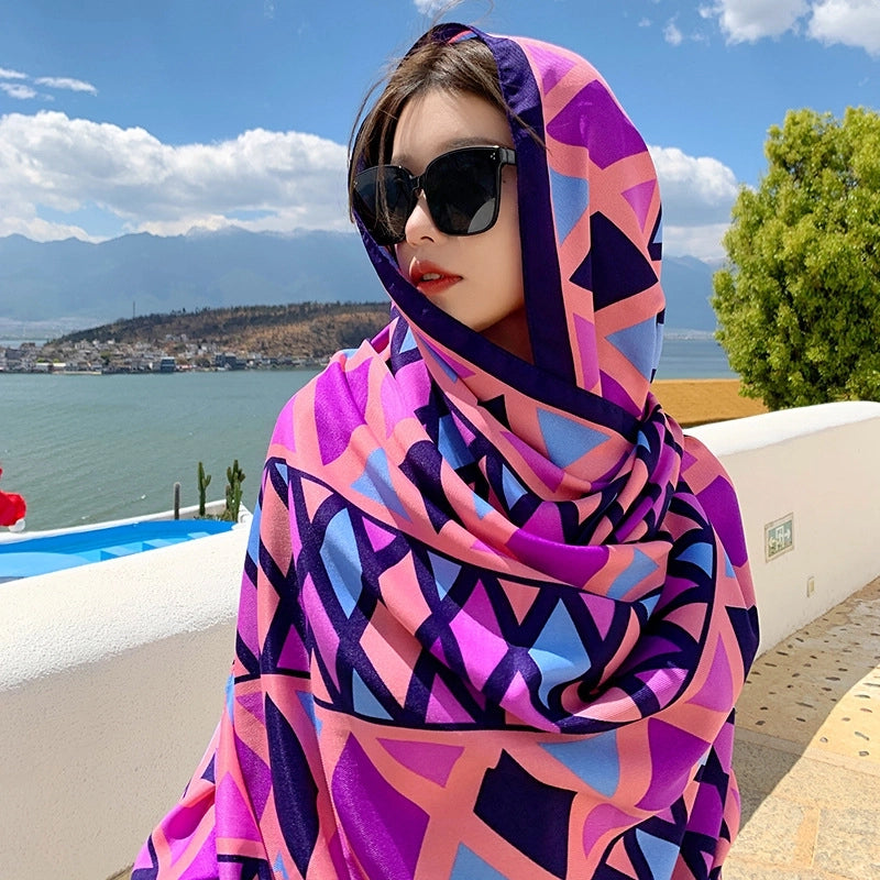 Silk Scarf Women's Summer Seaside Beach Sunscreen Shawl Scarf Dual-use  Long Ethnic Style Plus Size Travel Silk Scarf