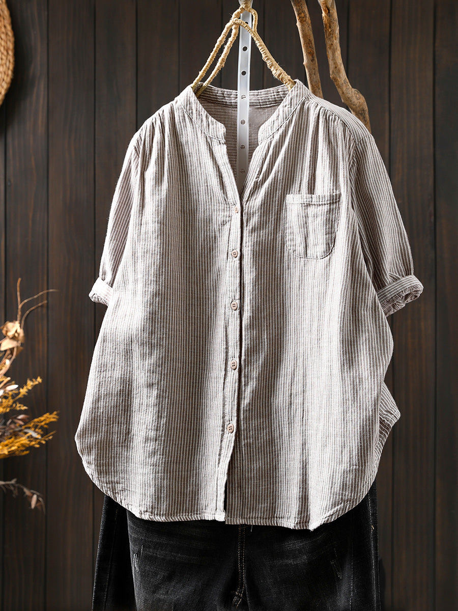 Women Summer Casual Stripe V-Neck 100%Cotton Shirt