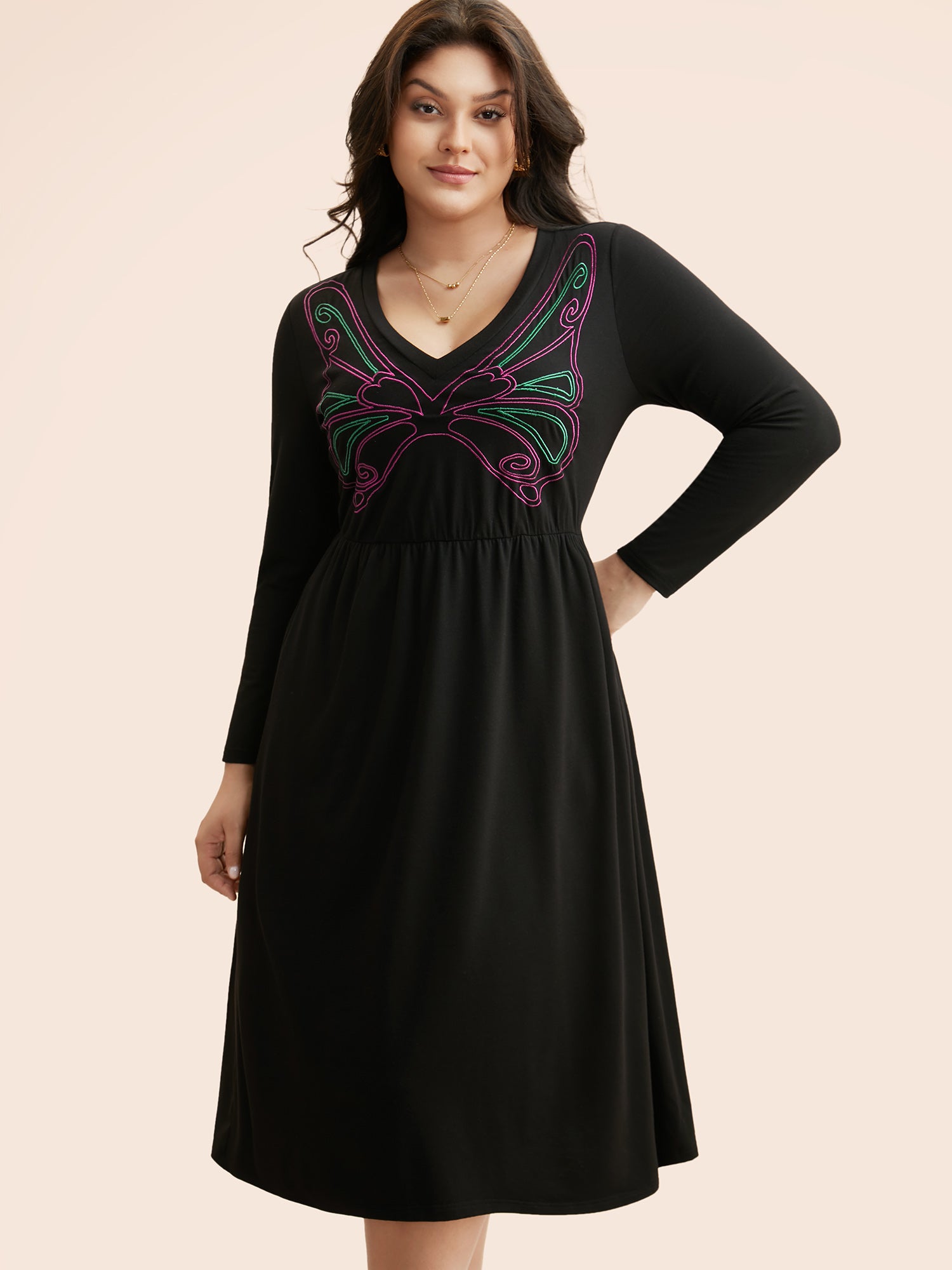 Butterfly Embroidered V Neck Midi Dress