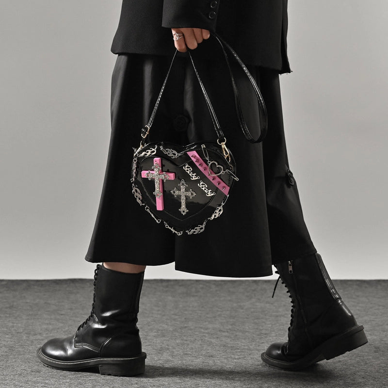 Women's Medium Pu Leather Cross Heart Shape Punk Heart-shaped Zipper Crossbody Bag
