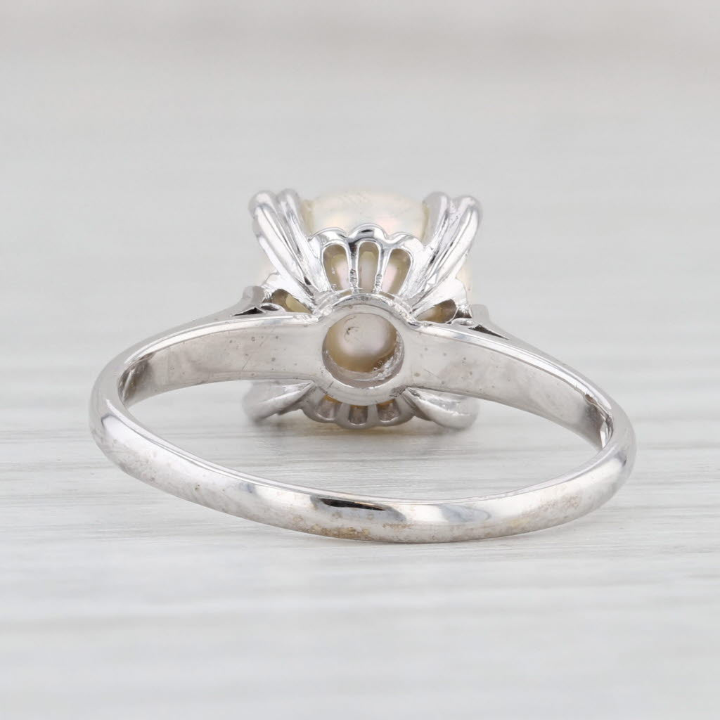 Vintage Cultured Pearl Solitaire Ring 14k White Gold Size 7.75