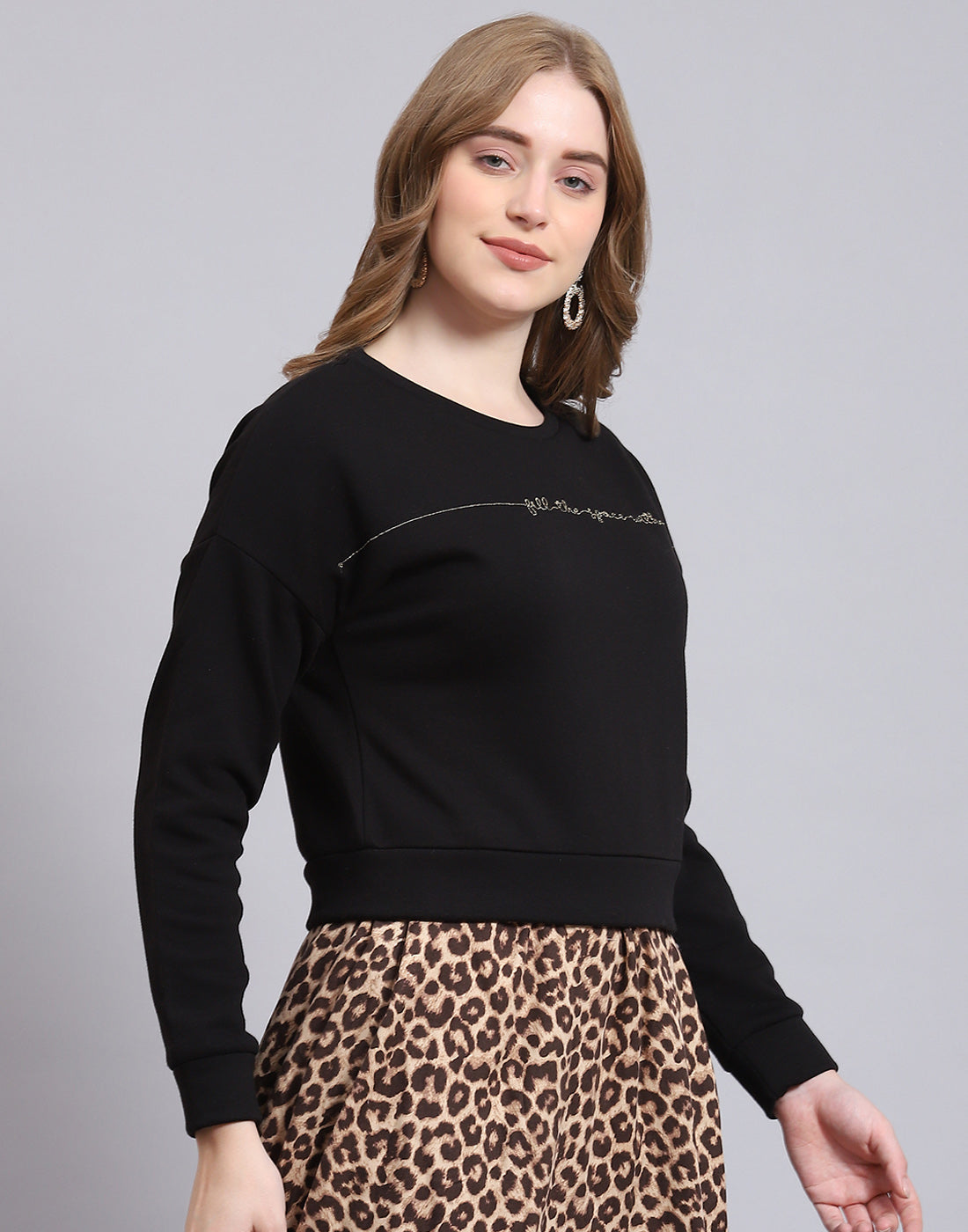 Women Black Embroidered Round Neck Full Sleeve Sweatshirt