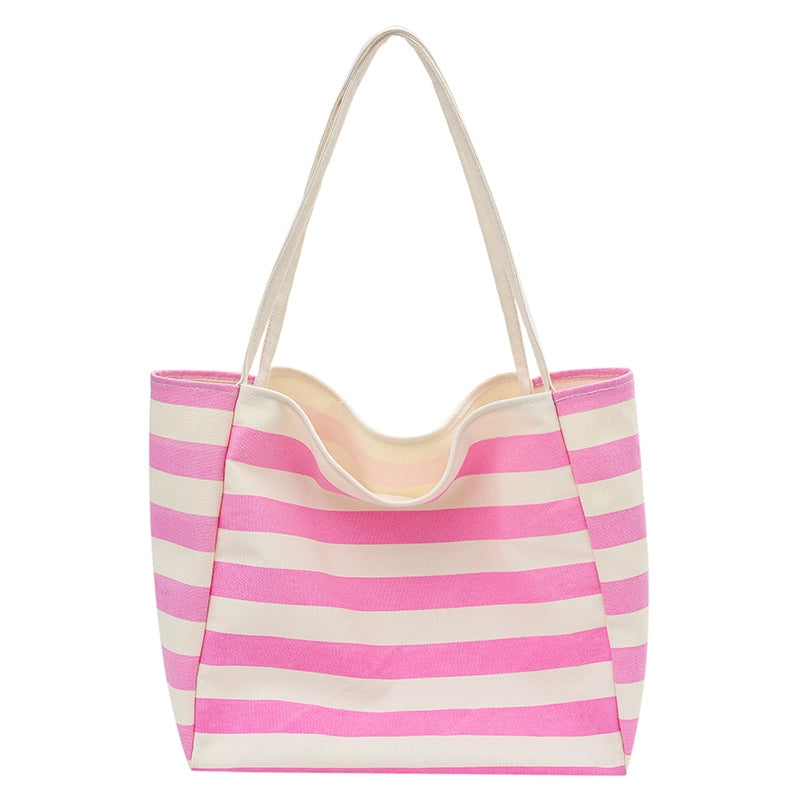 Large Capacity Contrast Color Stripe Handbag Canvas New Fashionable Lazy Style Shoulder Bag Class Tote Bag