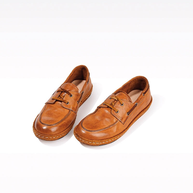 Vintage Washed Horse Leather Boat Shoes Handcrafted Casual Loafers for Women in Black/Pumpkin