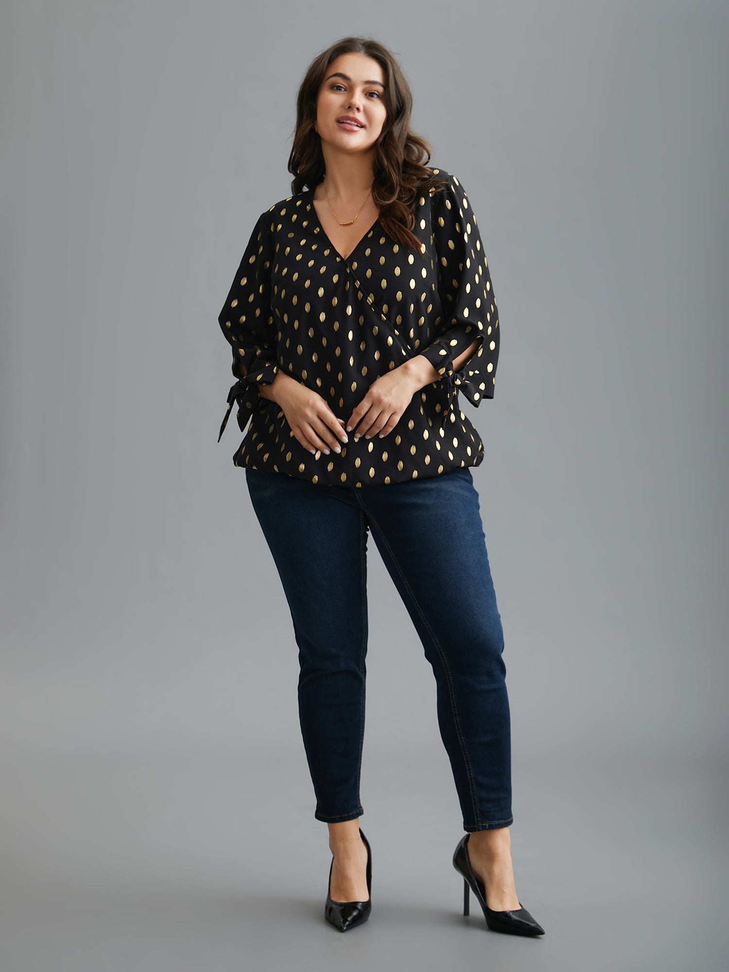 Glitter Overlap Collar Tie Knot Blouse