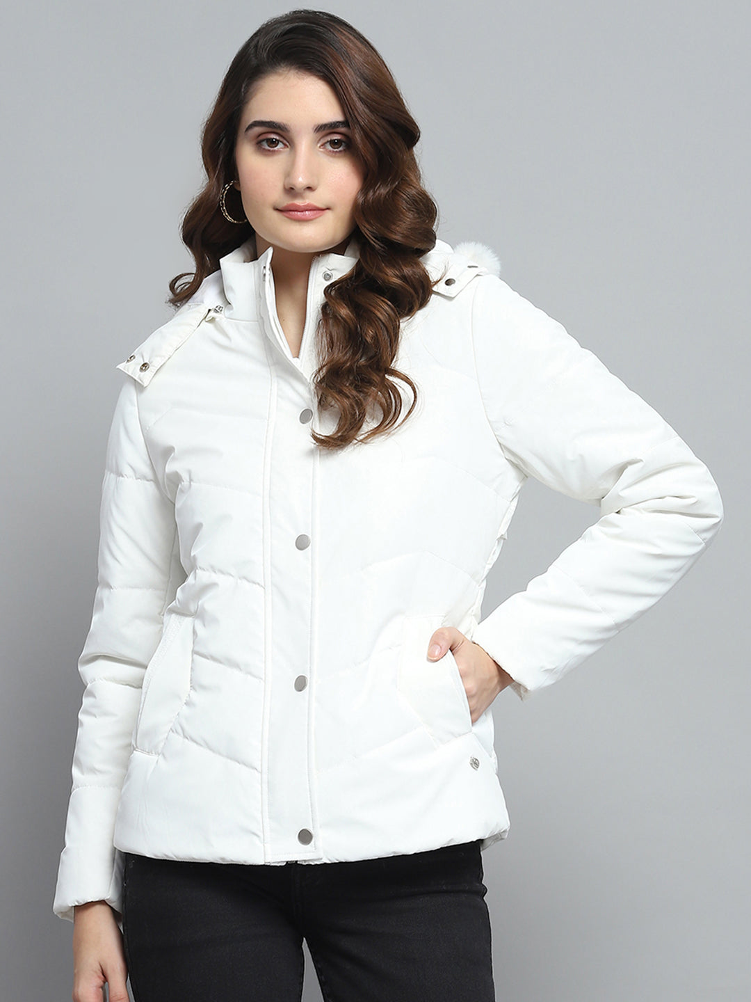 Women White Printed Detachable Hood Full Sleeve Jacket