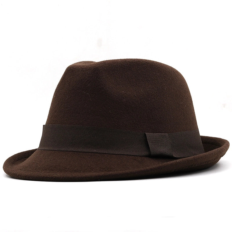 New Brim Hat Woolen Jazz Hat  Top Hat With Hat Band Solid Color Woolen Hat