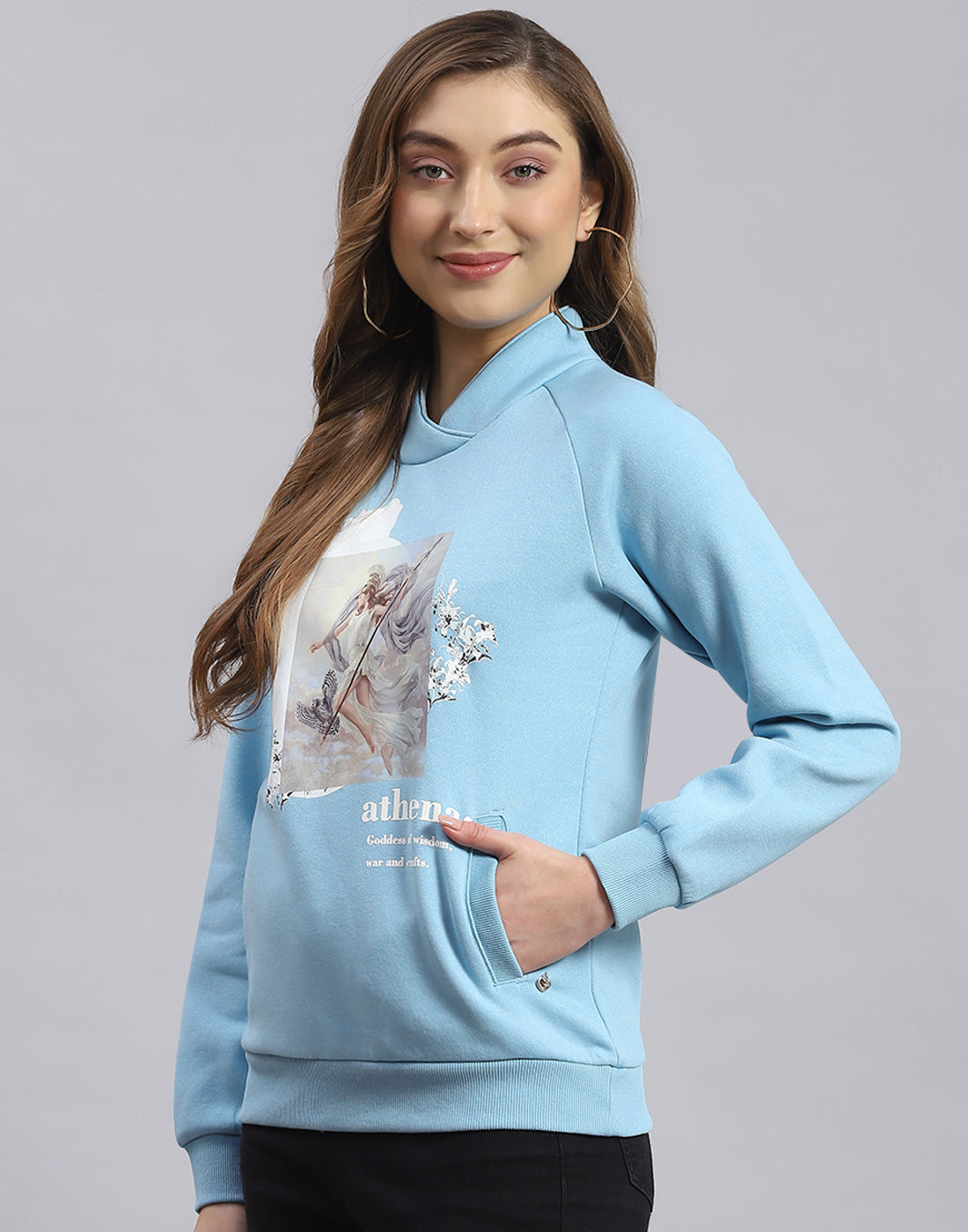 Women Blue Printed H Neck Full Sleeve Sweatshirt