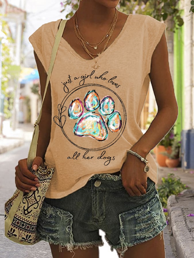 Women's Paws Just A Girl Who Loves All Her Dogs Print Sleeveless T-Shirt
