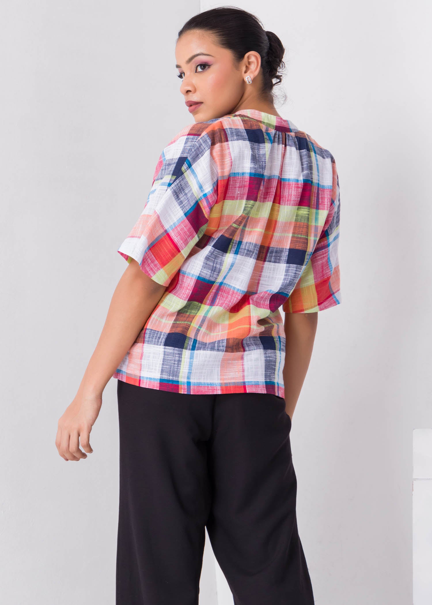 Check Blouse With Large Front Pockets