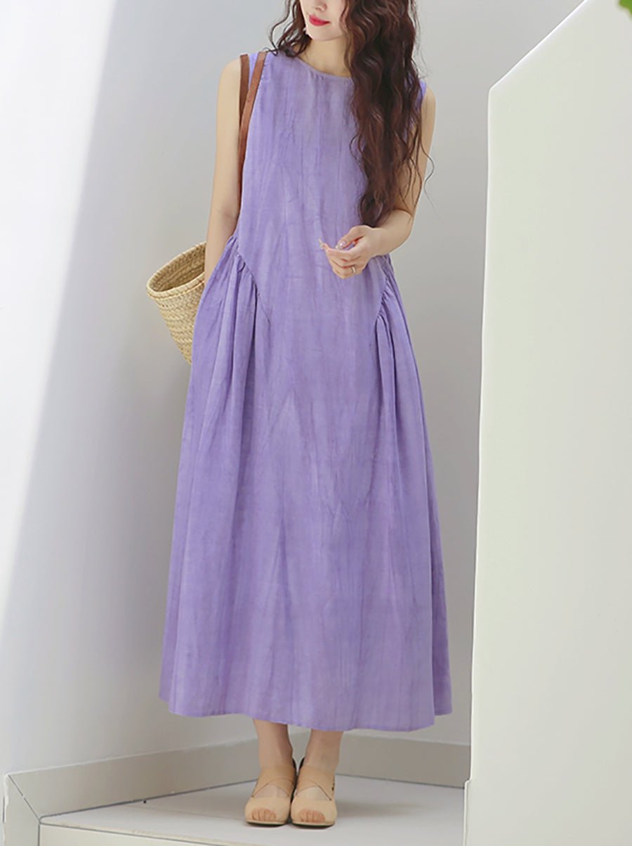 Women Summer Casual Pure Color O-Neck Linen Vest Dress