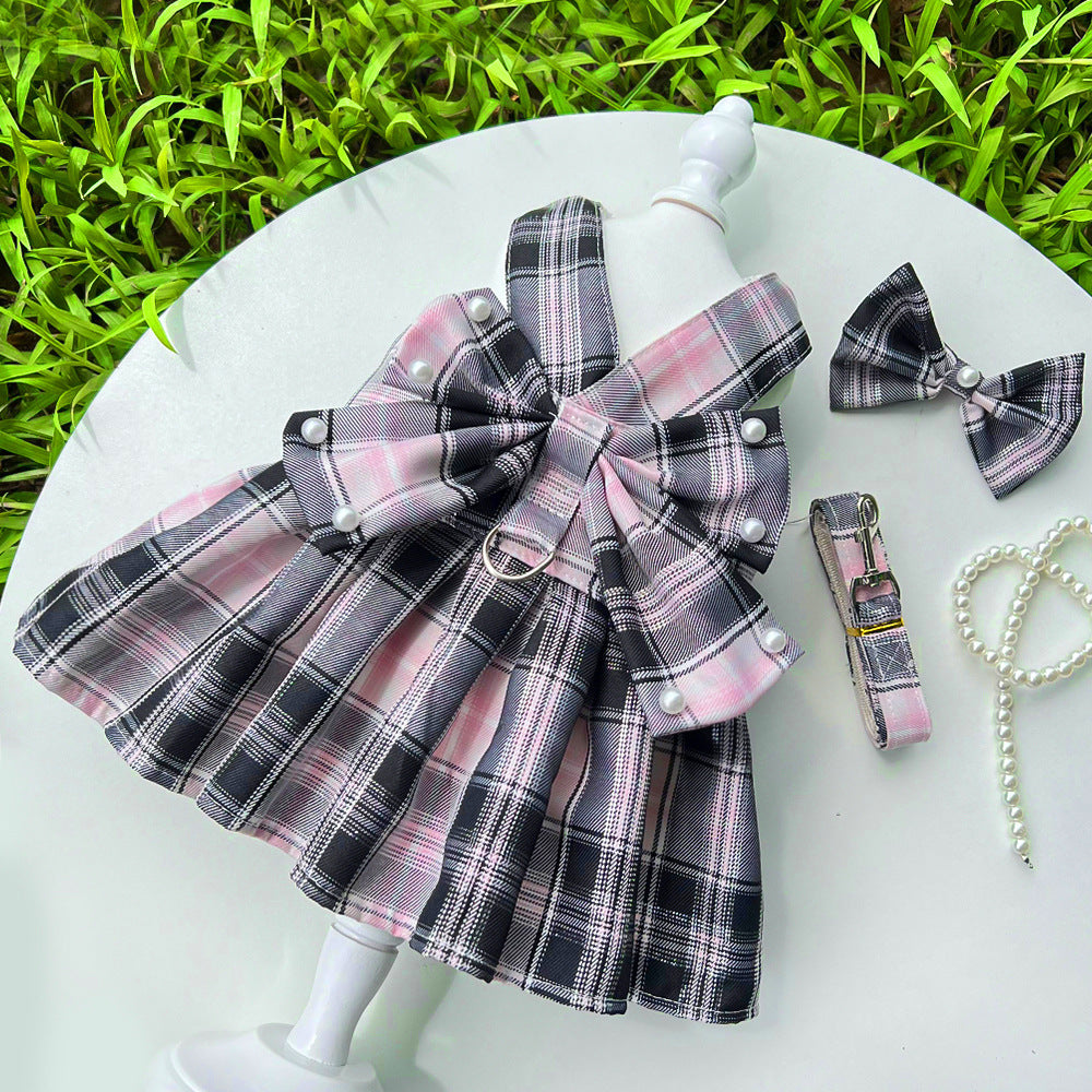 Pearl Decor Plaid Dog Harness Dress&Leash