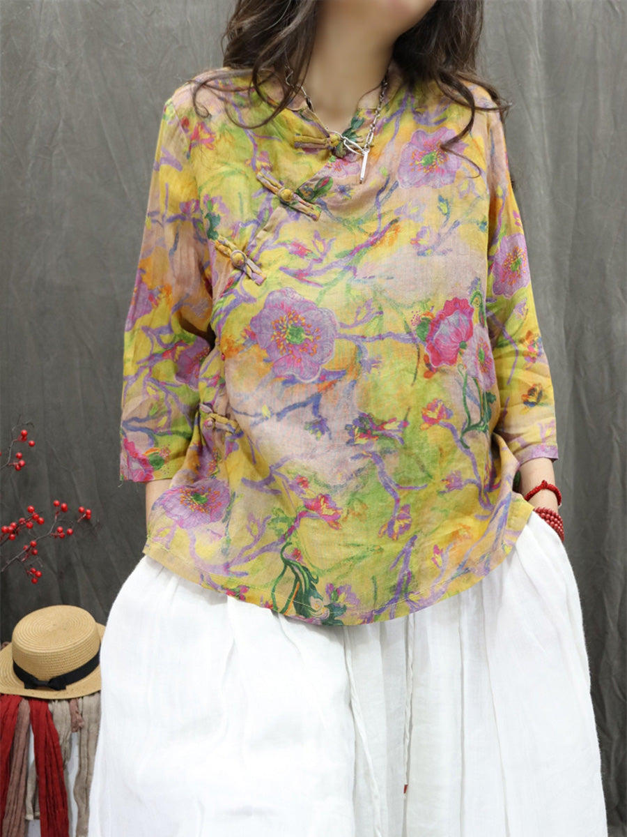 Women Summer Ethnic Stand Collar Flower 100%Ramie Shirt