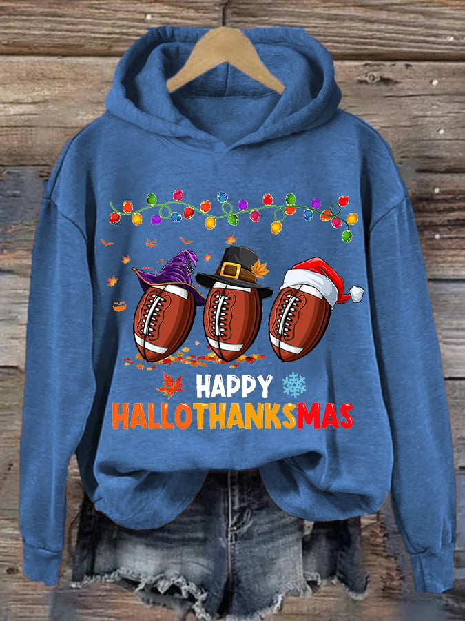 Women's Happy Hallothanksmas Football Print Hoodie