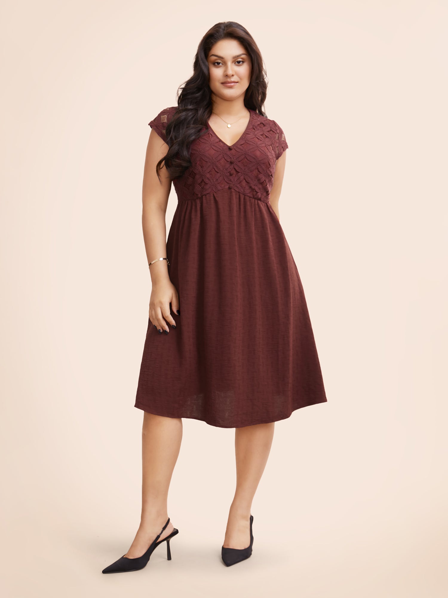 Plain Lace Panel Cap Sleeve Dress