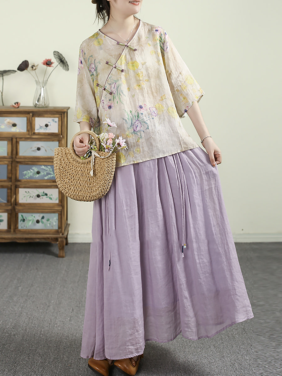 Women Summer Ethnic Flower V-Neck 100%Ramie Shirt